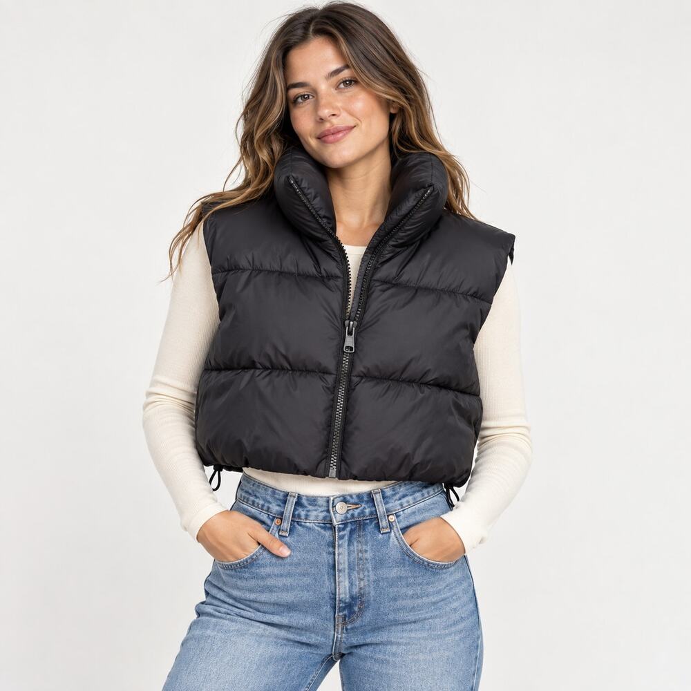 Trendy Shiyila Black Cropped Puffer Vest Zip Front High Collar Excellent Cond